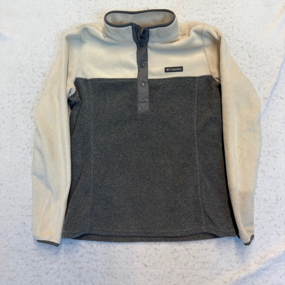 Columbia Fleece Pullover Womens Size M Grey Cream Colorblock Snap Neck AL1302